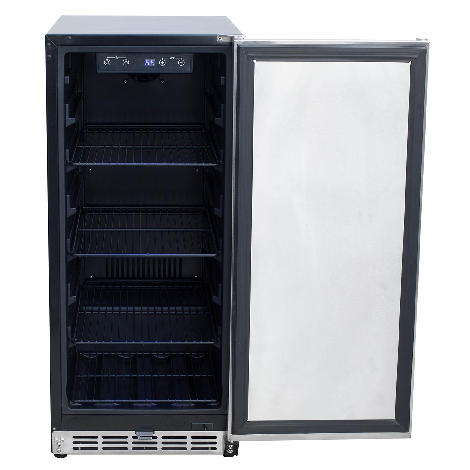 Open-door refrigerator with empty interior shelves and wire rack tiers