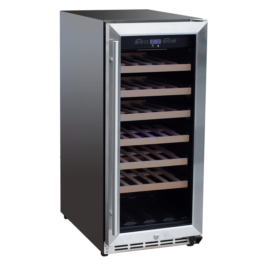 Outdoor wine cooler with open door and wooden bottle racks