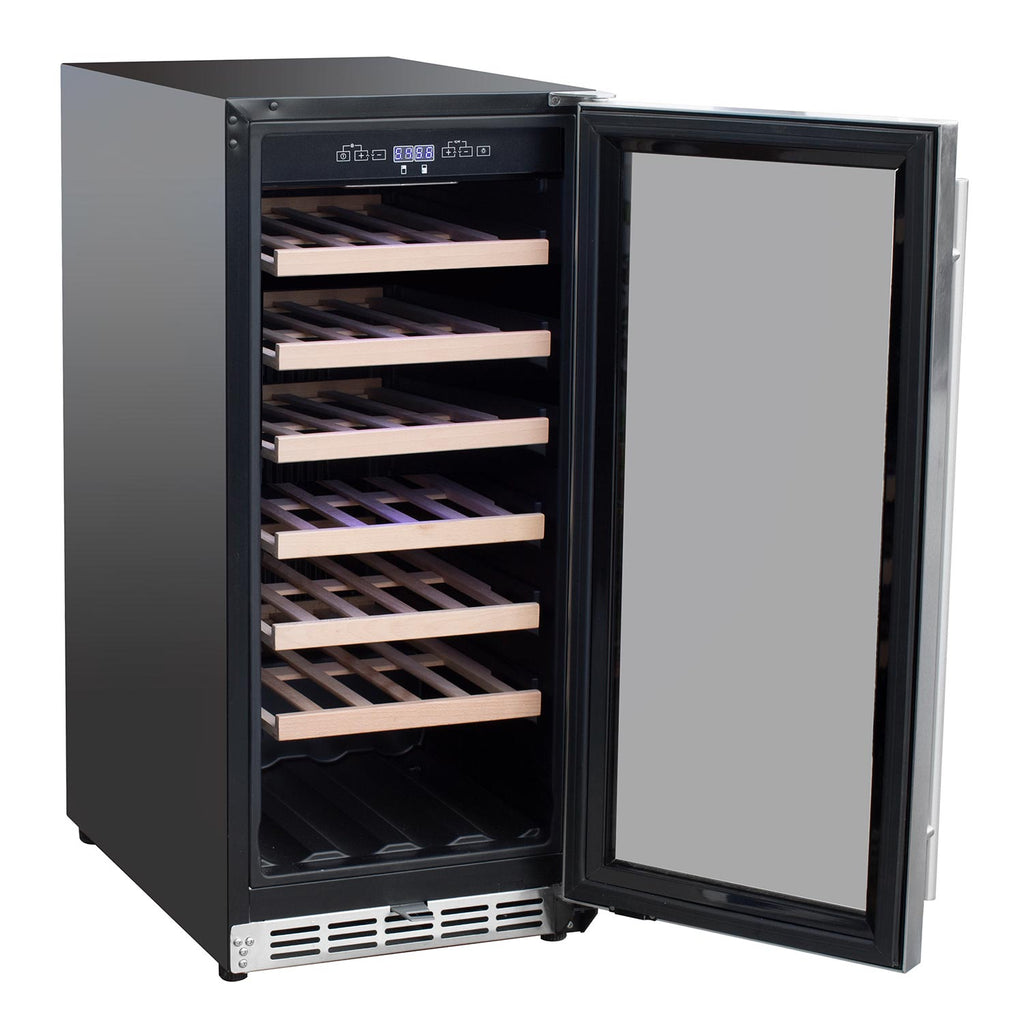 Outdoor wine cooler with door open, showing wooden shelves inside