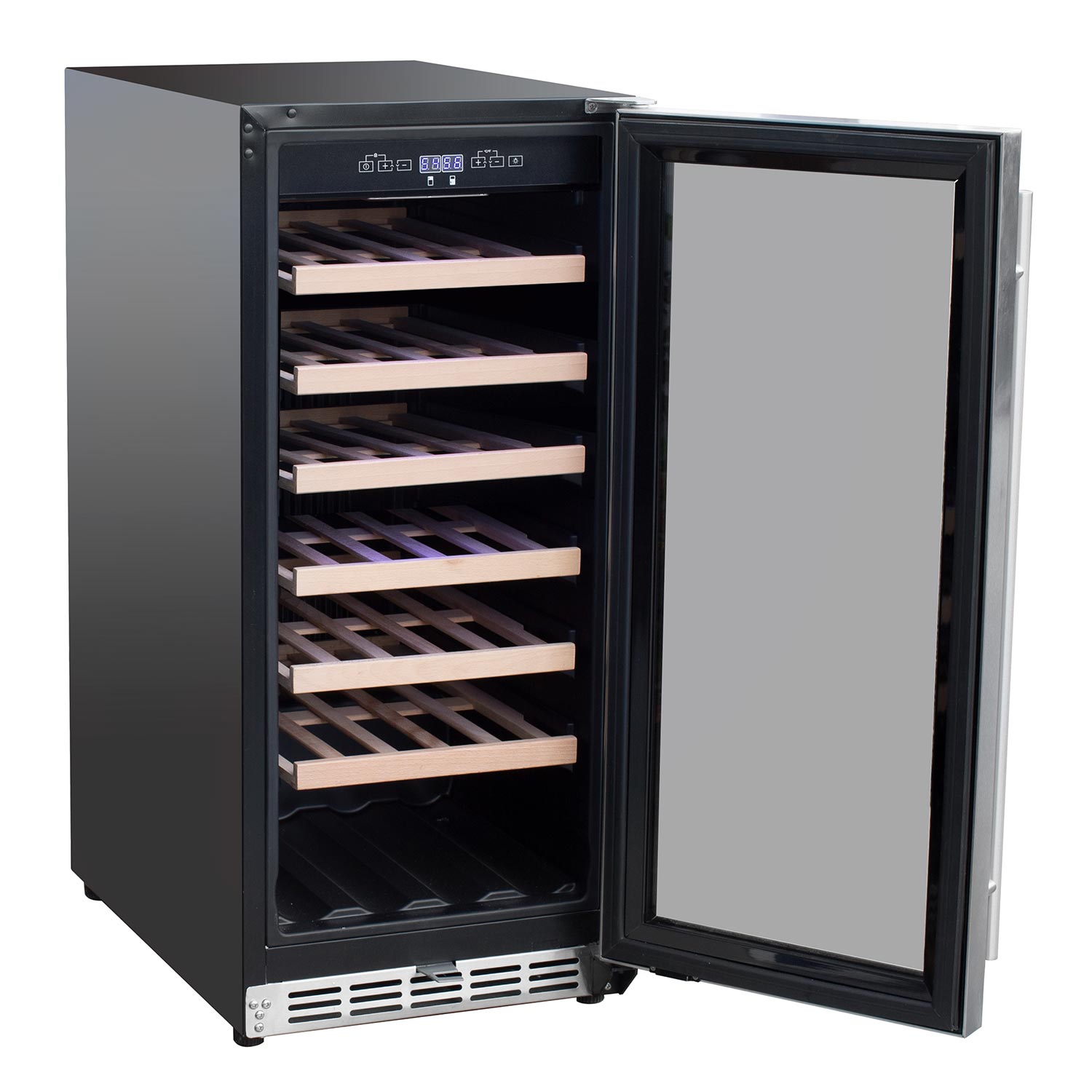 Outdoor wine cooler with door open, showing wooden shelves inside