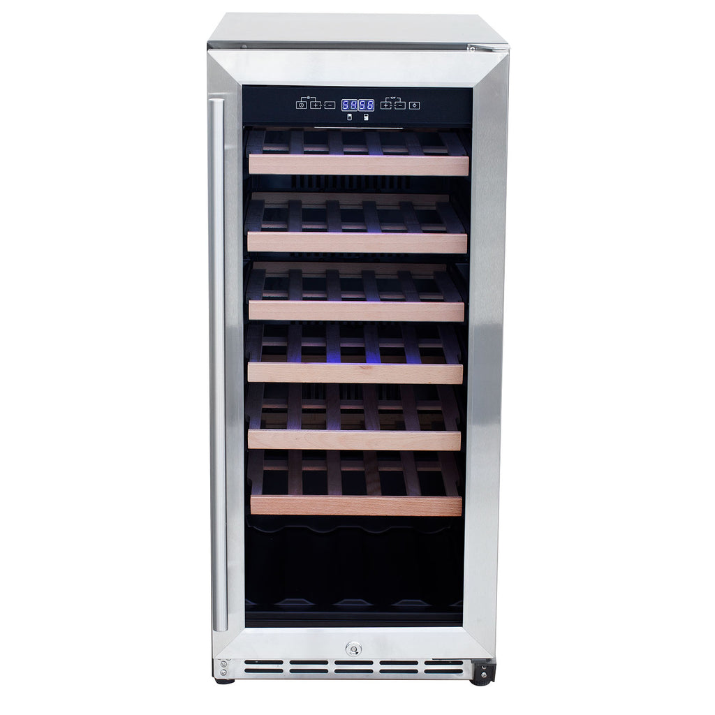 Outdoor wine cooler with front glass door and wooden storage racks