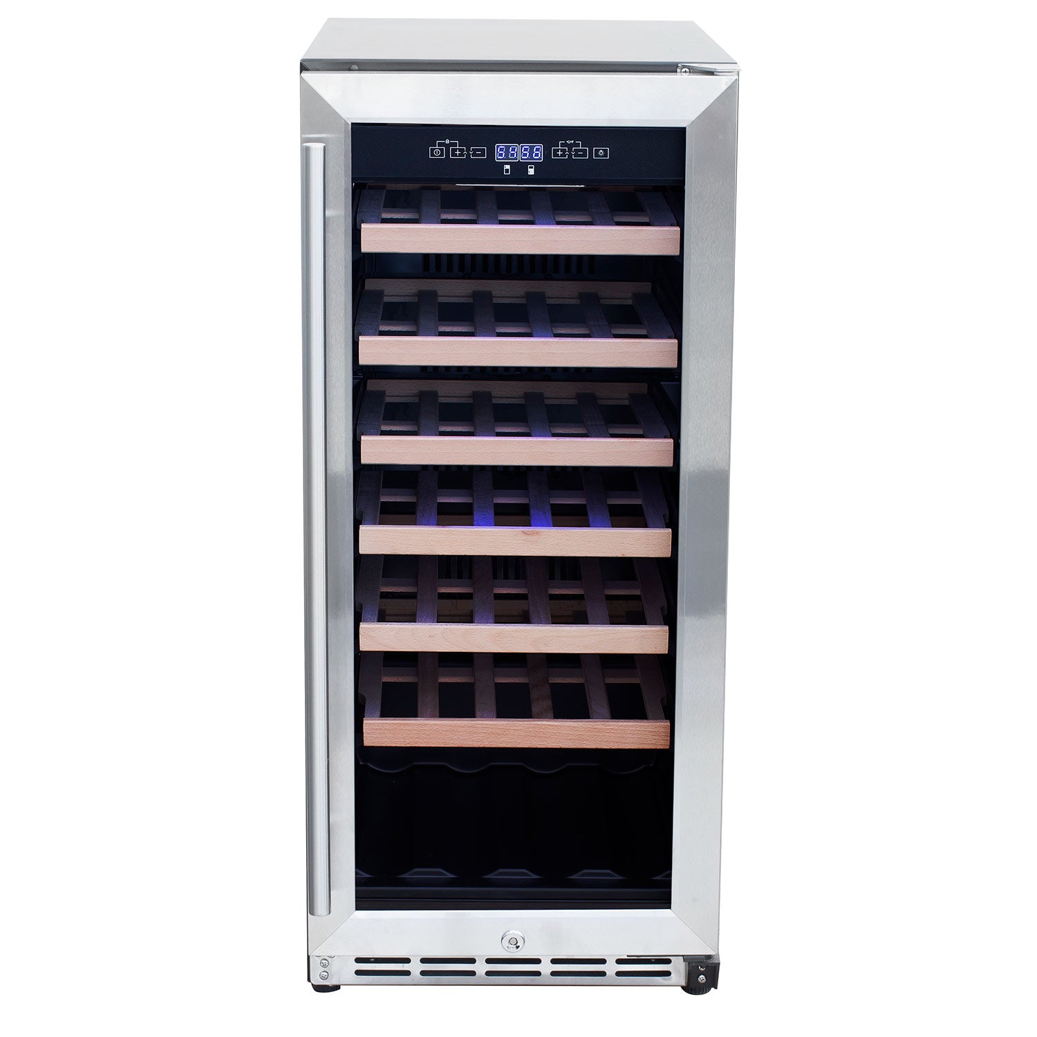 Outdoor wine cooler with front glass door and wooden storage racks