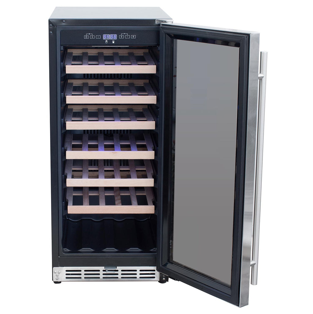 Outdoor wine cooler with open door and wooden shelves for bottles