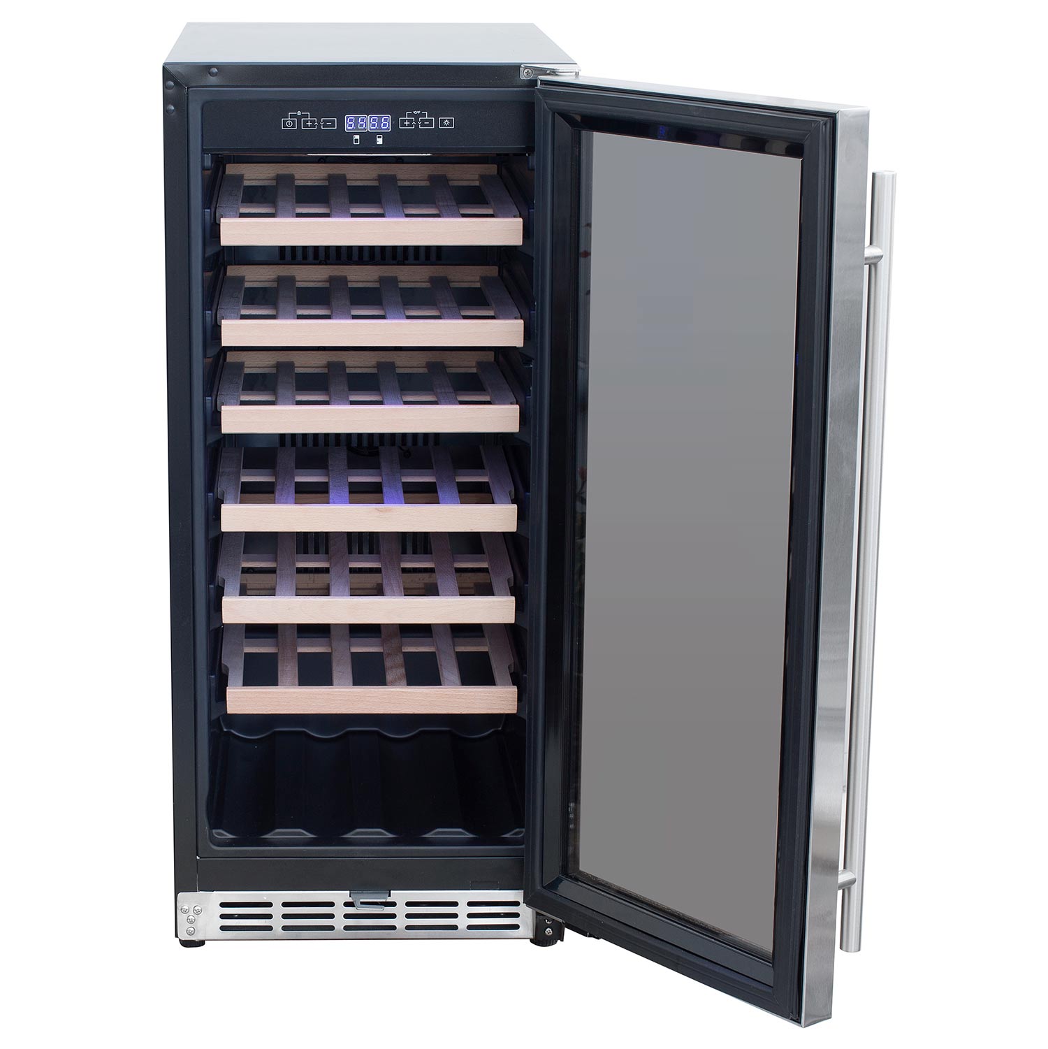 Outdoor wine cooler with open door and wooden shelves for bottles