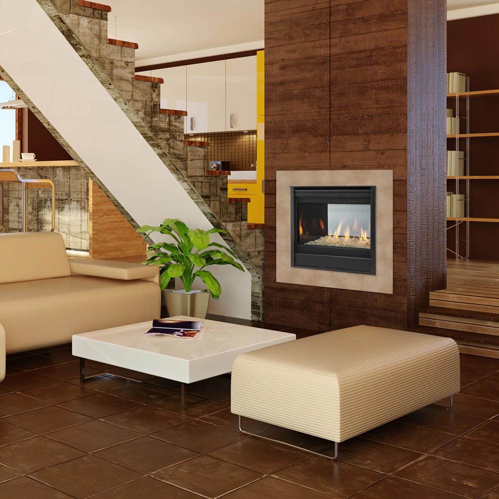 Wall-mounted direct vent gas fireplace with black glass insert and visible flames