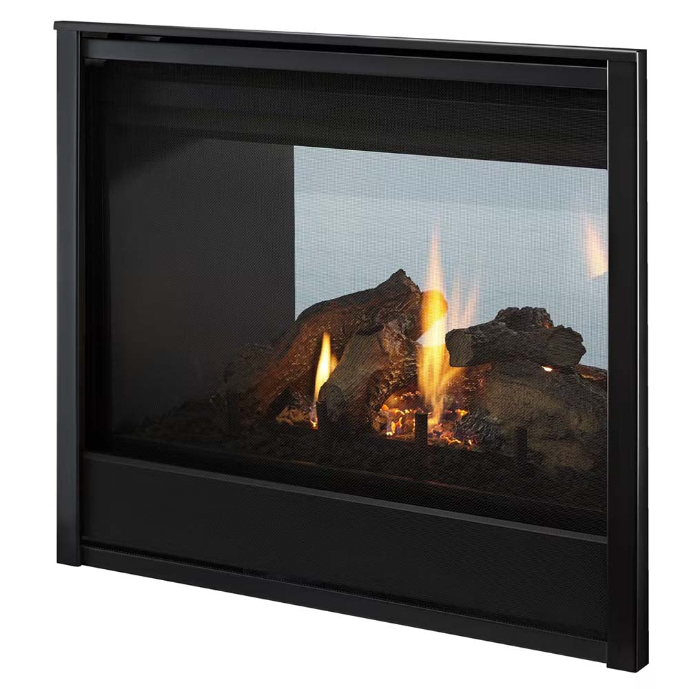 Direct vent gas fireplace with black frame and glass front panel, showing burning logs