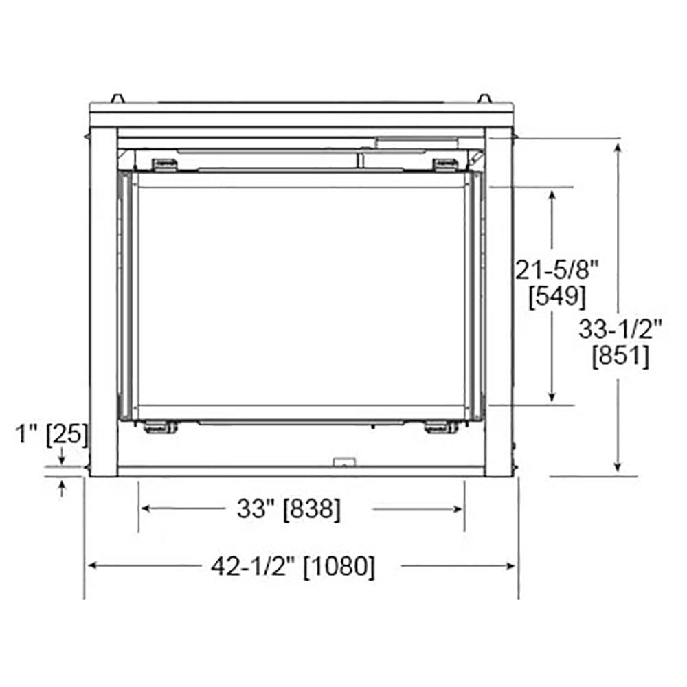 Direct vent gas fireplace front view line drawing with size dimensions