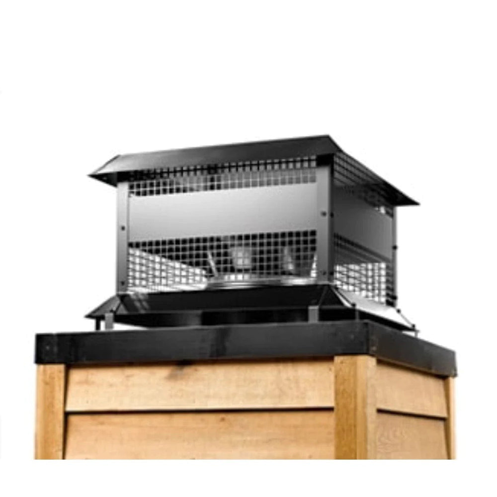 Black square termination cap with mesh sides and hinged top vent