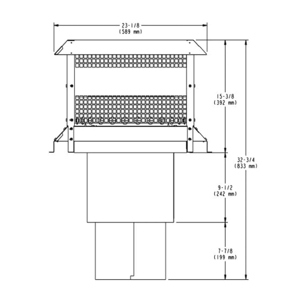Blueprint of black square termination cap with mesh screen and mounting legs