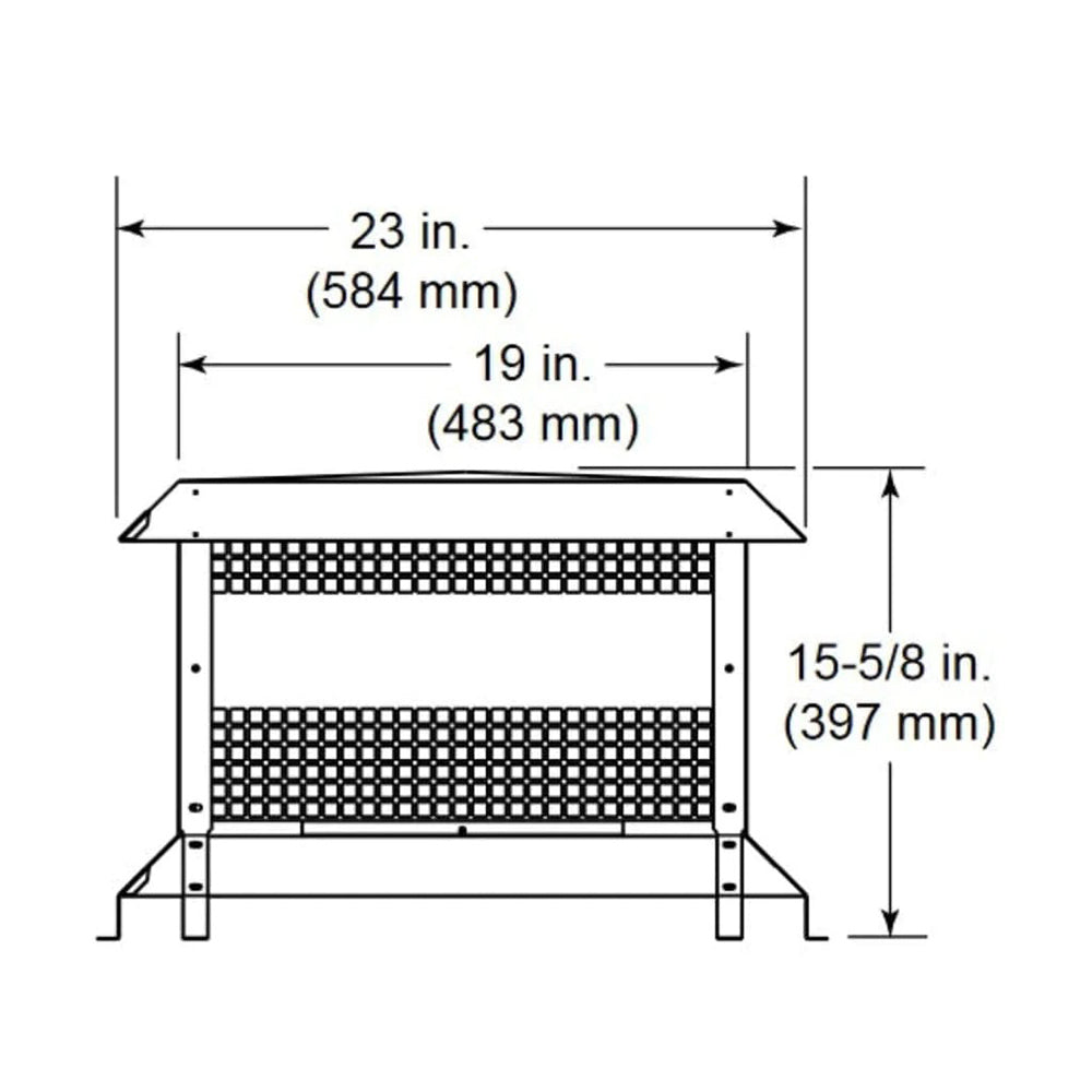 Square chimney termination cap diagram with mesh front and side panels; dimensions shown