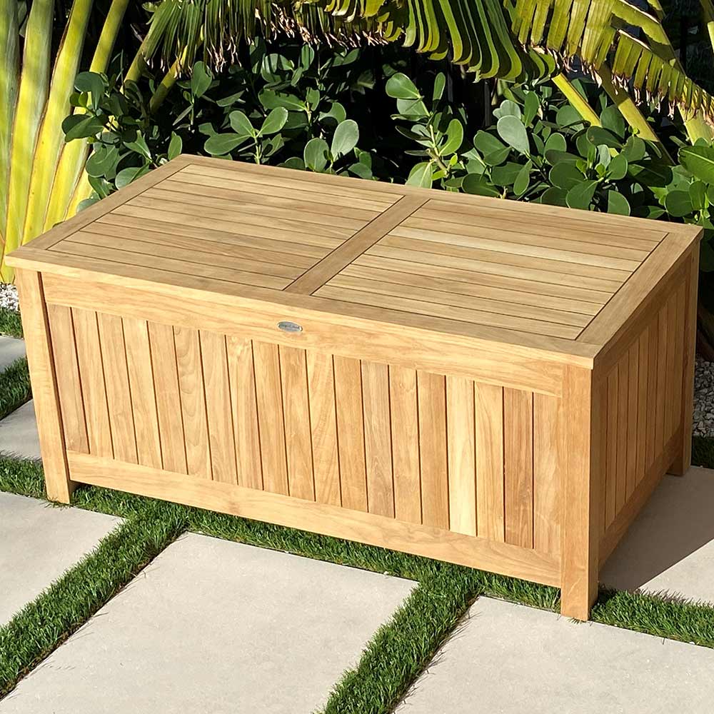 XL teak storage box with hinged lid, front slat panels, natural wood finish.