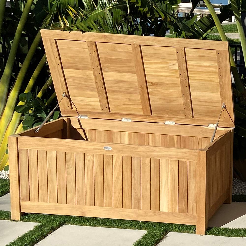 XL teak storage box open with hinged lid and interior, front slat doors, natural finish.