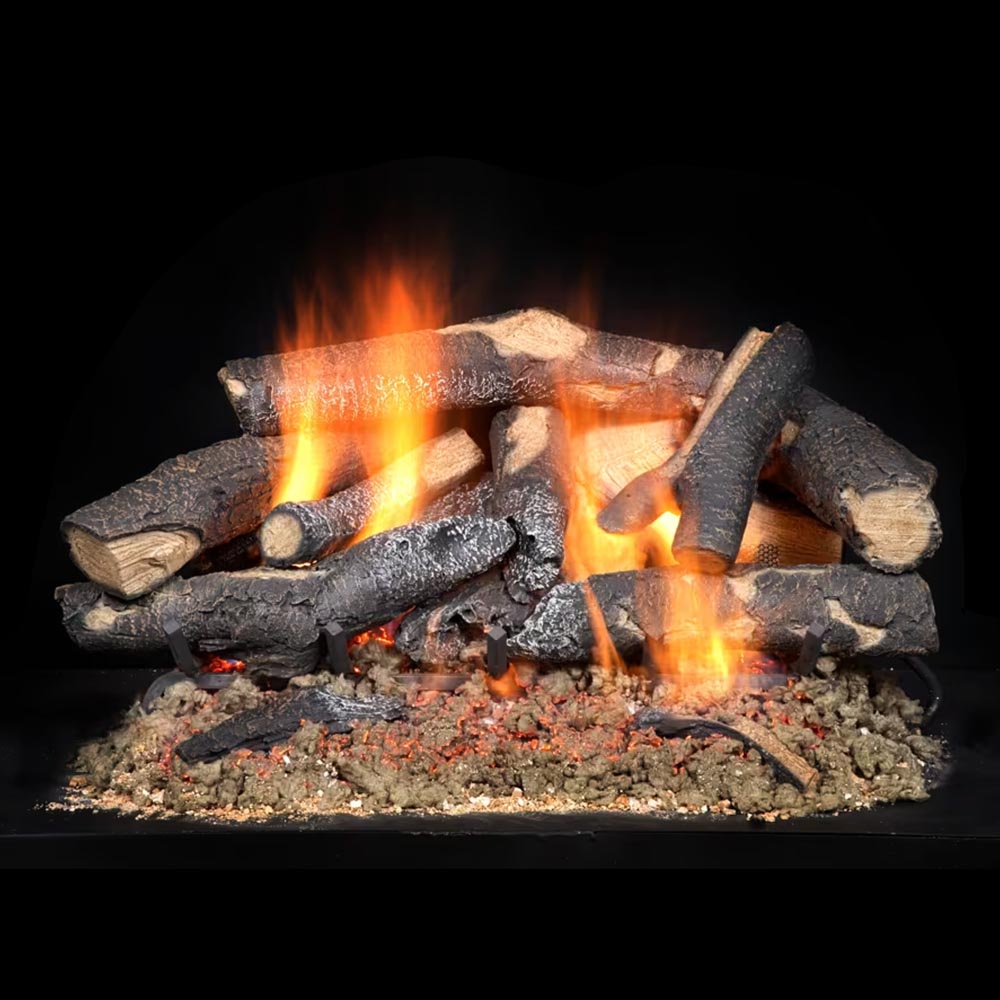 Vented gas log set with burning flames and dark oak-style logs