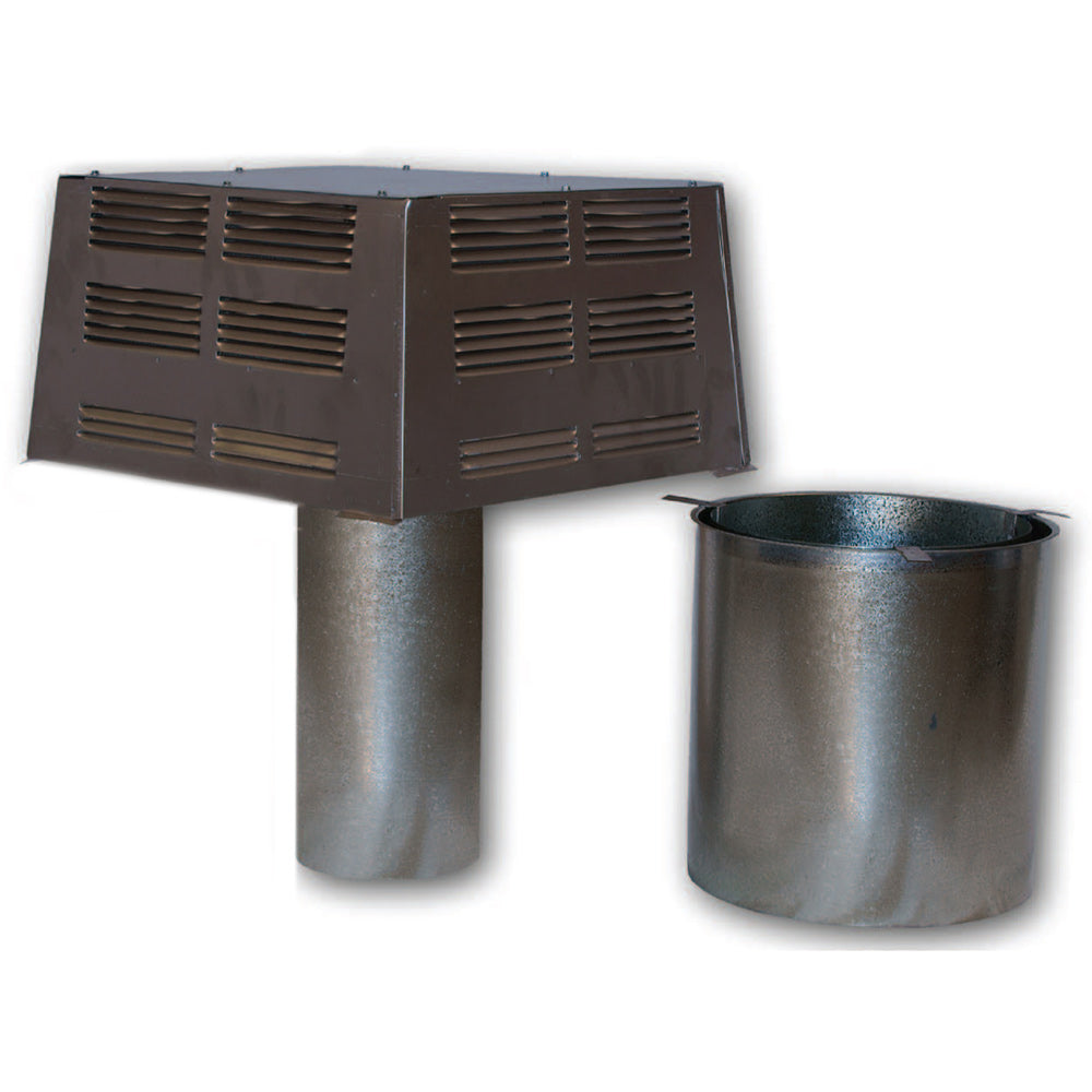 Black square chimney top termination with vented sides and slip section, with two metal pipe collars