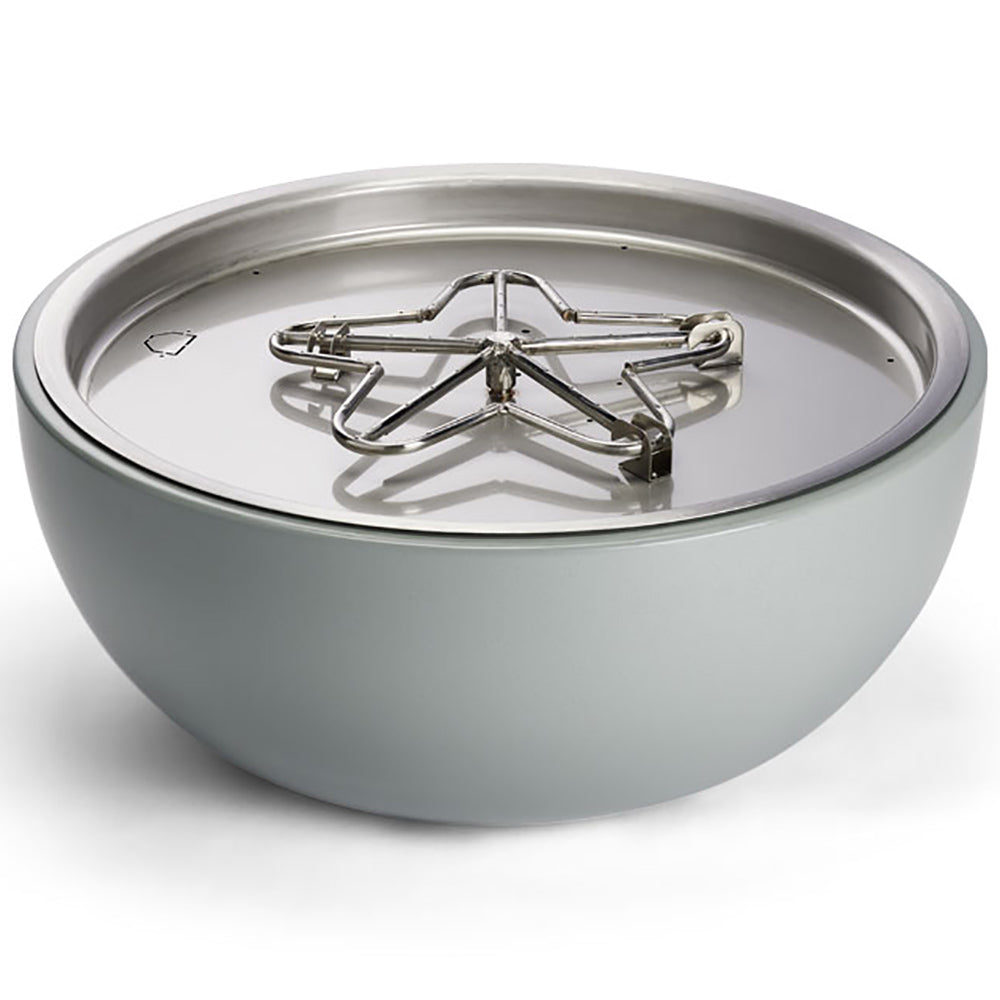 Round powder-coated aluminum gas fire bowl, light gray, with stainless burner base