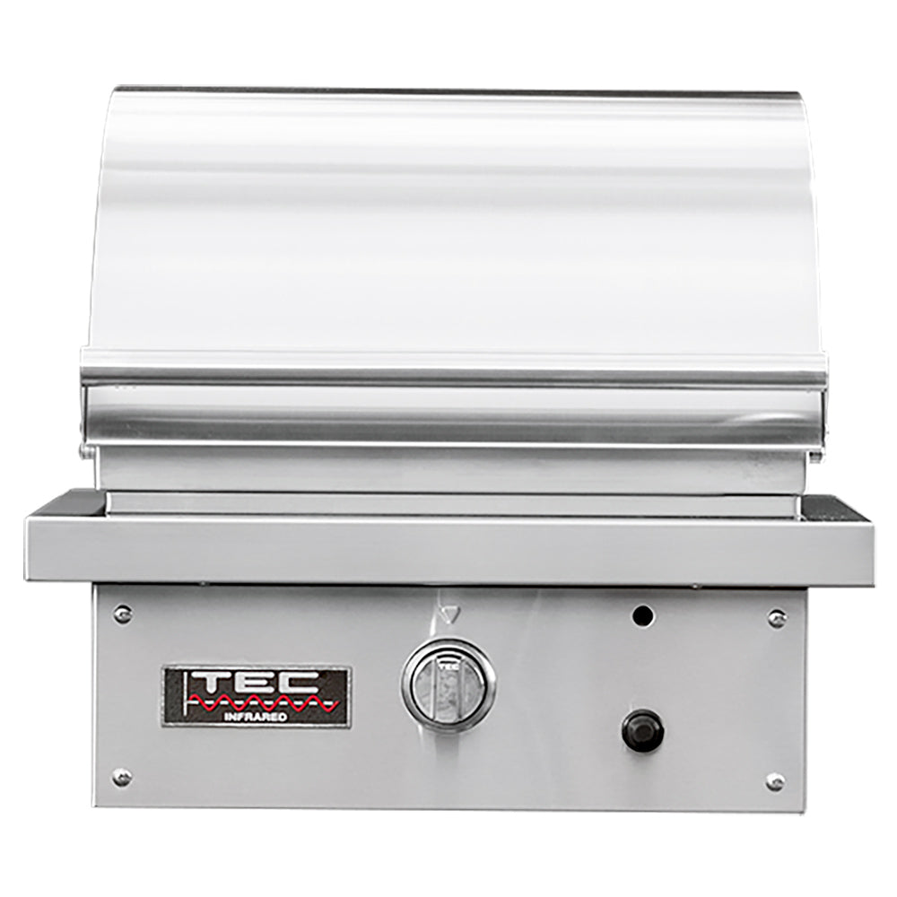 Stainless infrared built-in gas grill with open lid and front control knobs