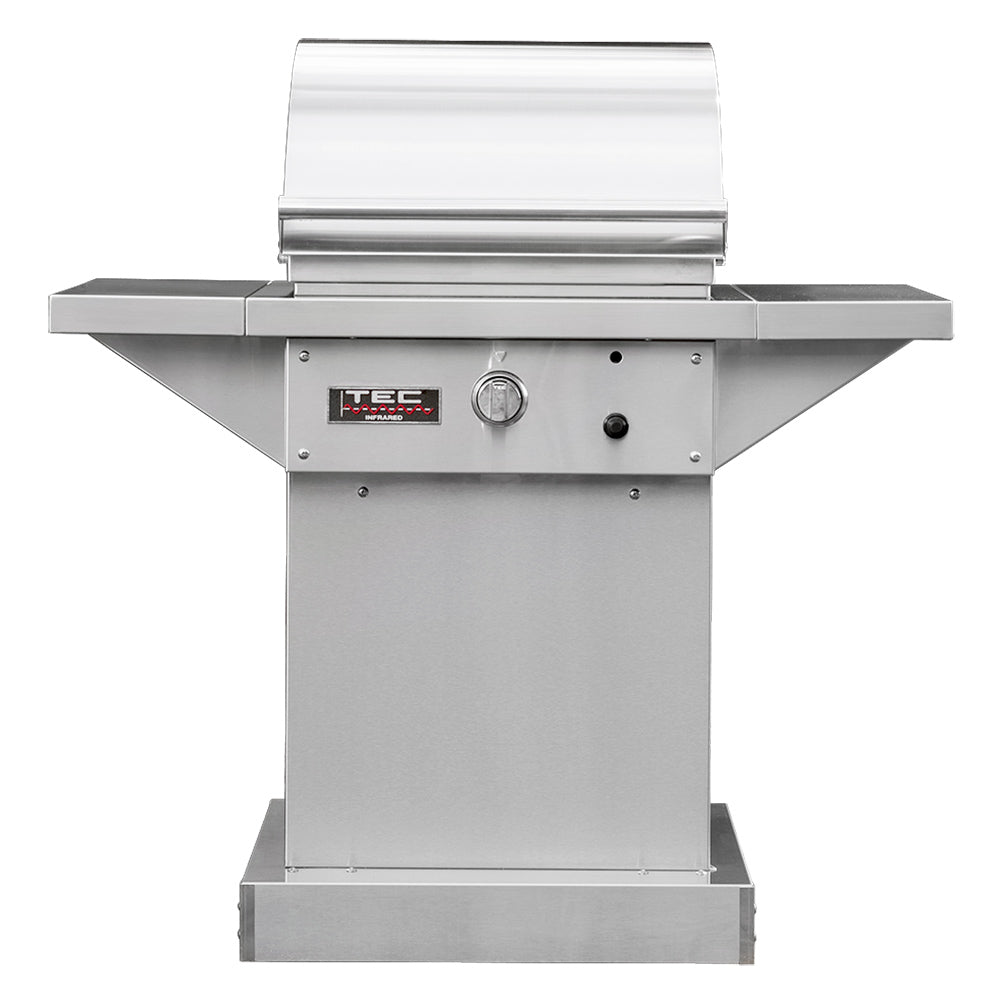 TEC Sterling infrared gas grill on pedestal, stainless front panel with control knobs