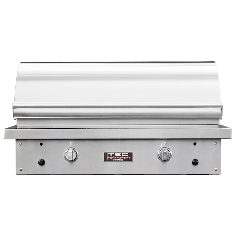 TEC Sterling infrared built-in gas grill with control knobs and open hood