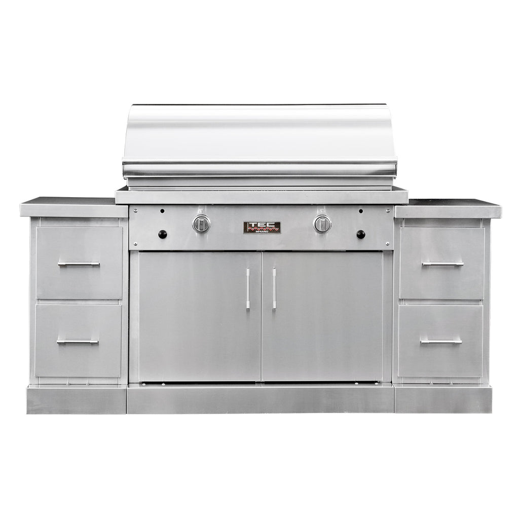 Stainless steel infrared gas grill with side cabinets and control knobs, front view