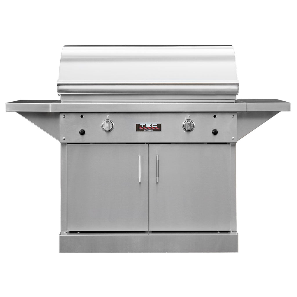 Stainless steel infrared gas grill on cabinet with front control panel and side shelf
