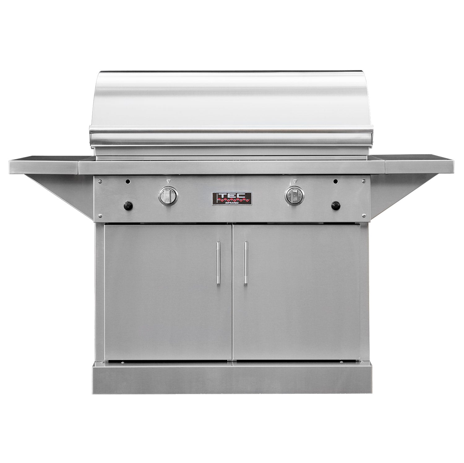 Stainless steel infrared gas grill on cabinet with front control panel and side shelf