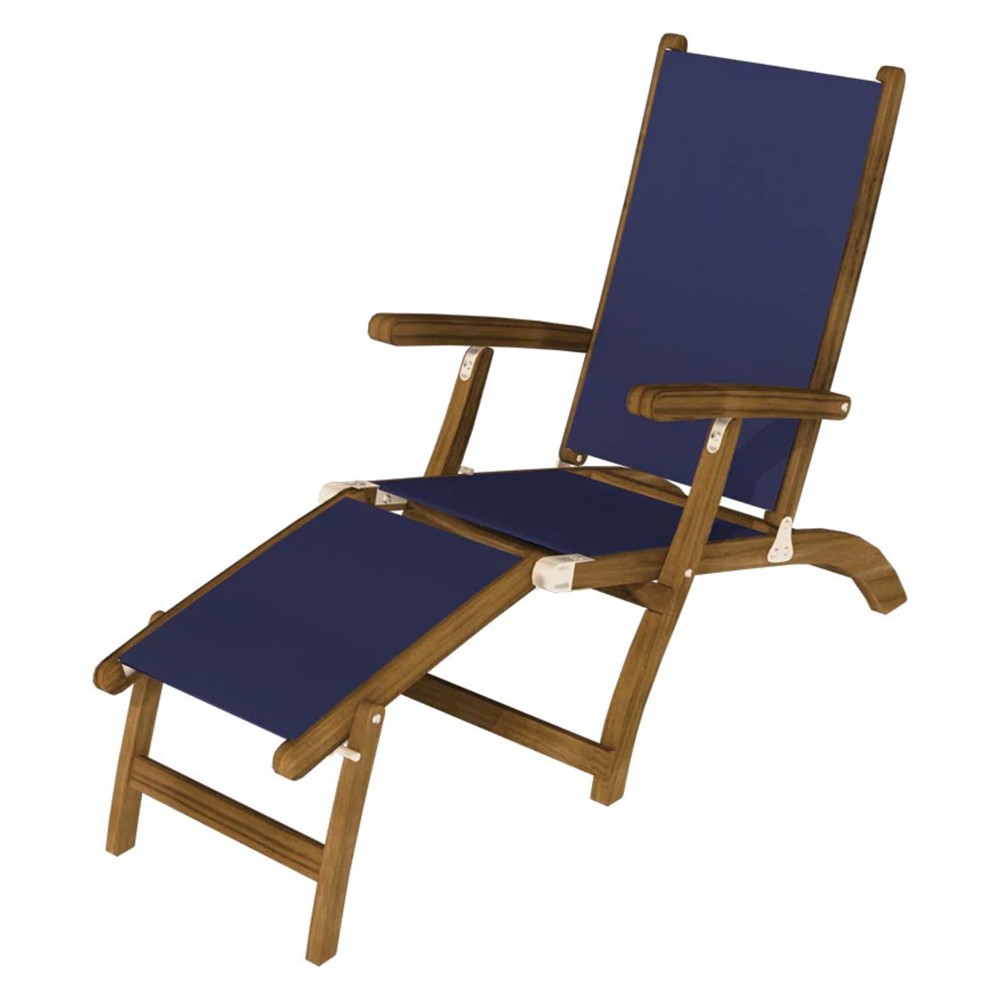 Teak sling steamer lounge chair with navy fabric seat and back