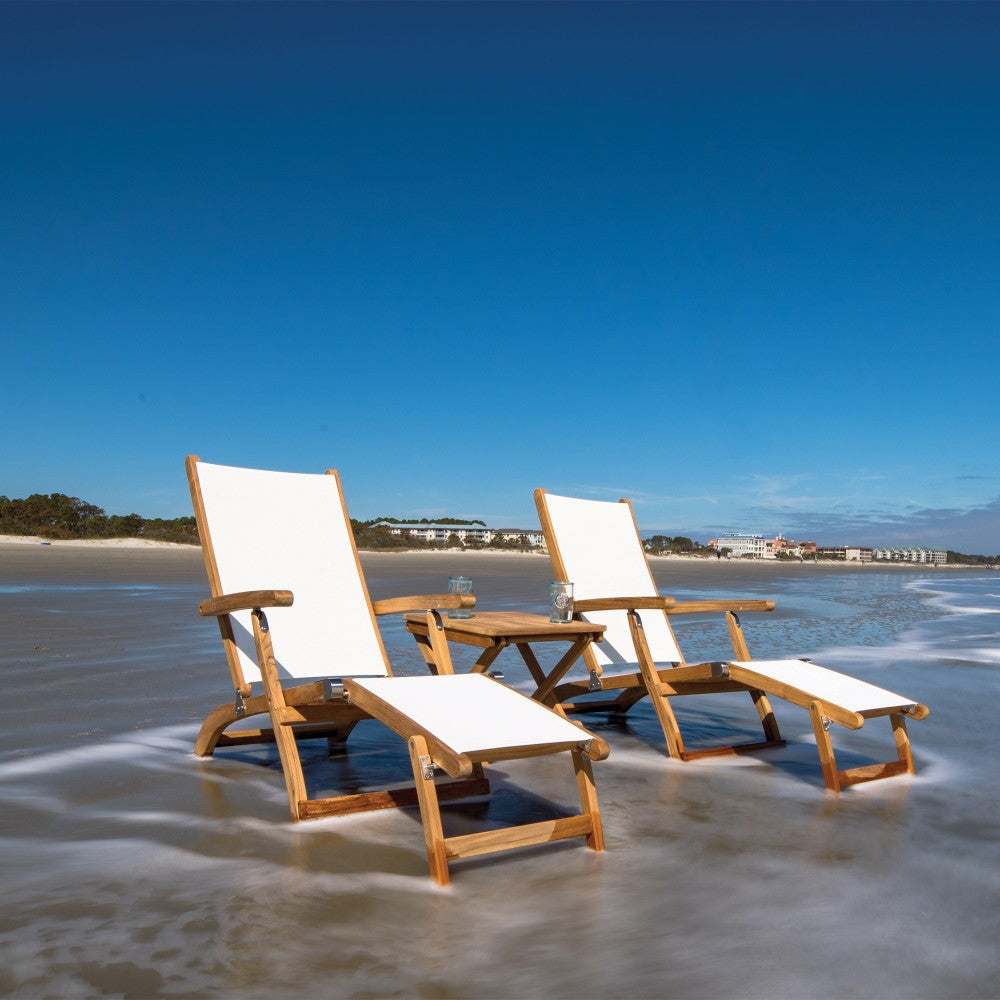 Teak sling steamer lounge chairs with white fabric seats and adjustable backrests (set of 2)