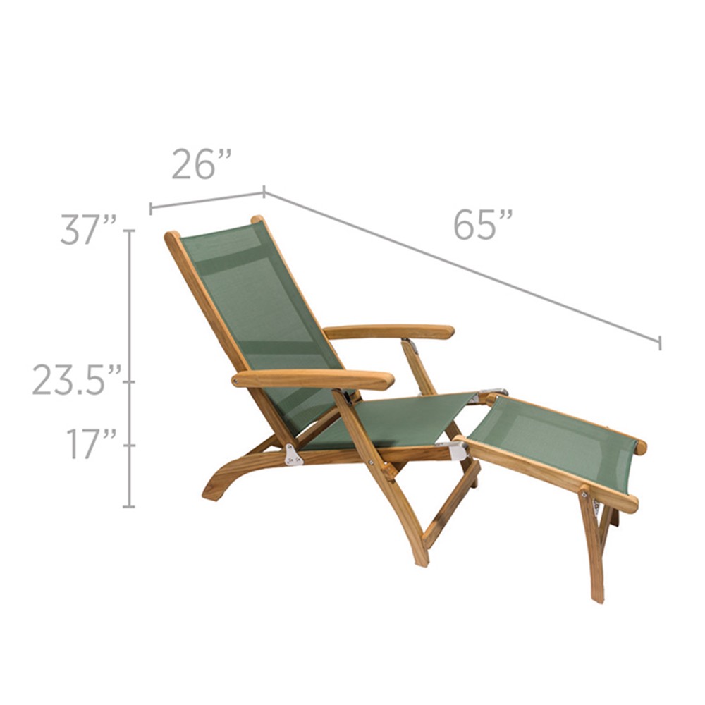 Teak sling steamer lounge chair size diagram with moss green fabric seat and back