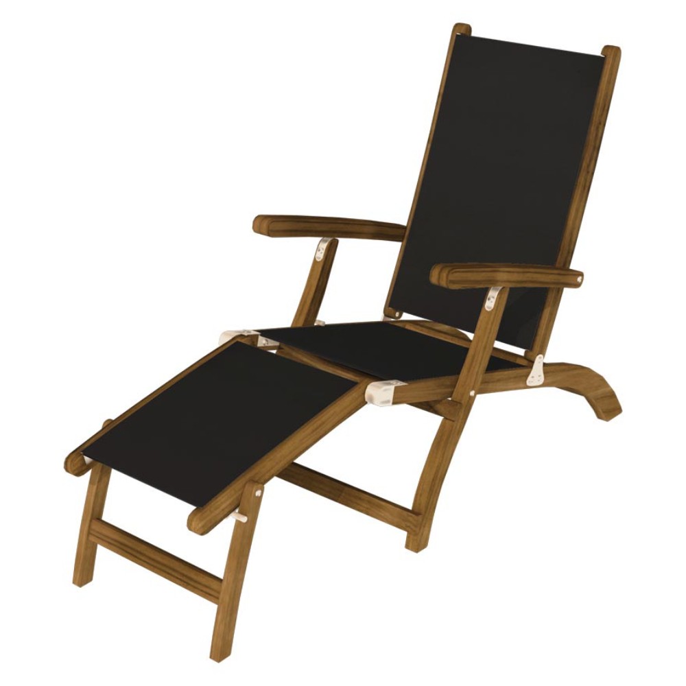 Teak sling steamer lounge chair with black fabric seat and back