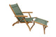 Teak steamer sling chair with moss green cushioned sling back and footrest.