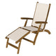 Teak sling steamer lounge chair with white fabric seat and back
