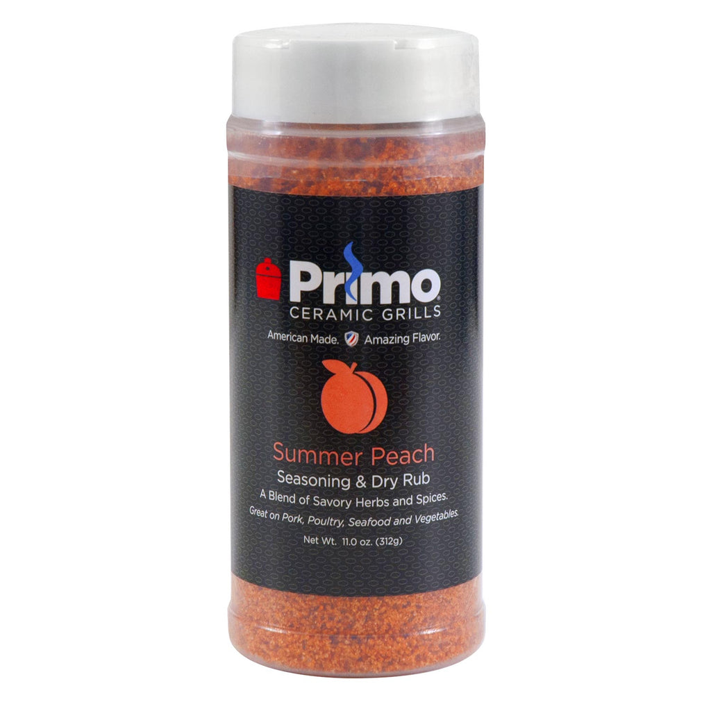 Primo Ceramic Grills Summer Peach seasoning & dry rub jar with red-orange label