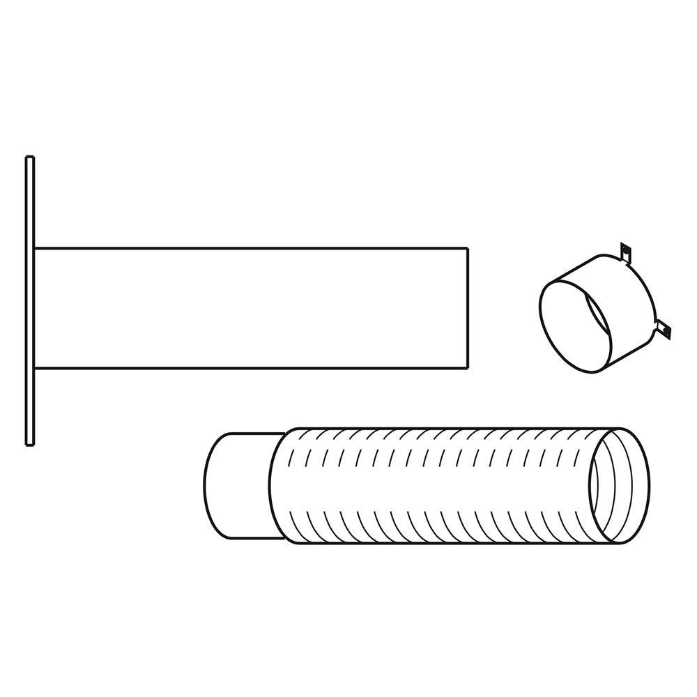 Outside air kit components with flexible vent pipe and round collar hood