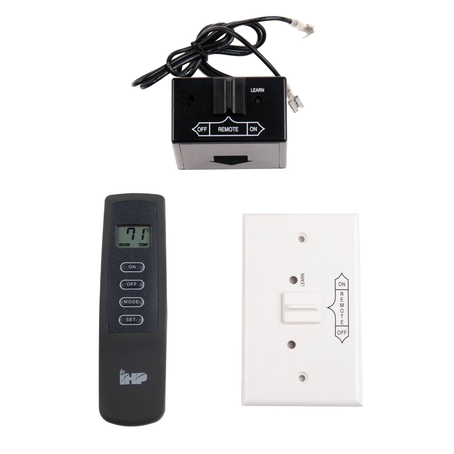 LCD fireplace remote control with black LCD display and buttons, plus wall receiver module