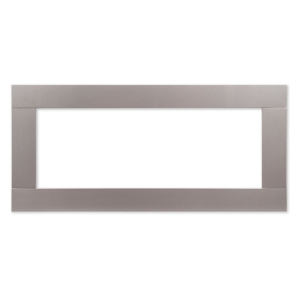 Extra-deep decorative stainless steel fireplace surround with rectangular open center