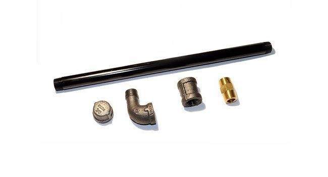 Gas log lighter burner kit: black tube with brass fittings and adapter pieces