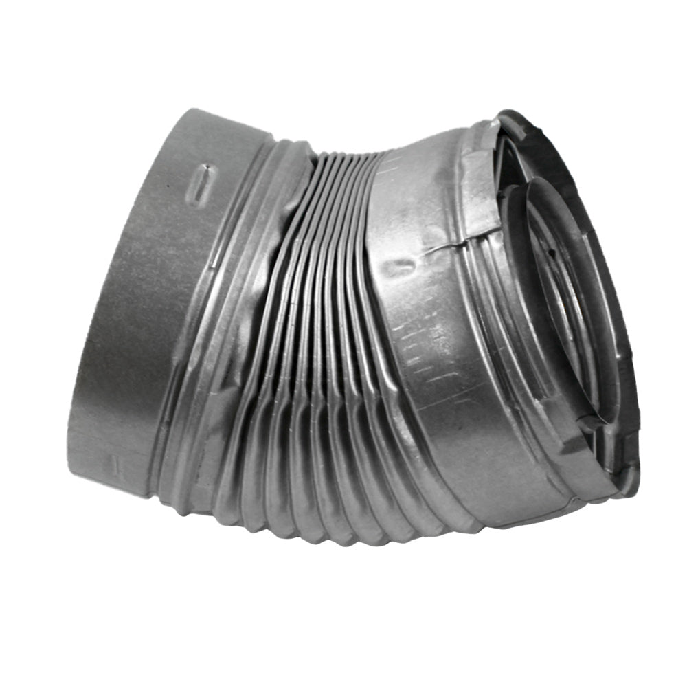 Metal 45-degree direct vent elbow fitting with flexible ribbed section and locking ring
