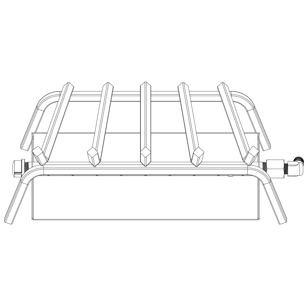 Metal vented gas burner base with grate rods and side control valve