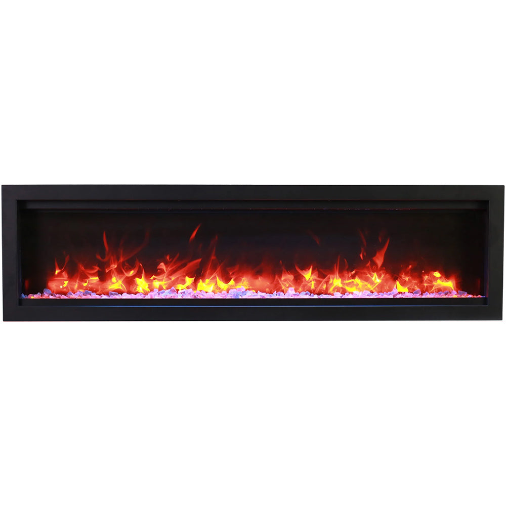 Built-in electric fireplace with black frame and orange flame effect