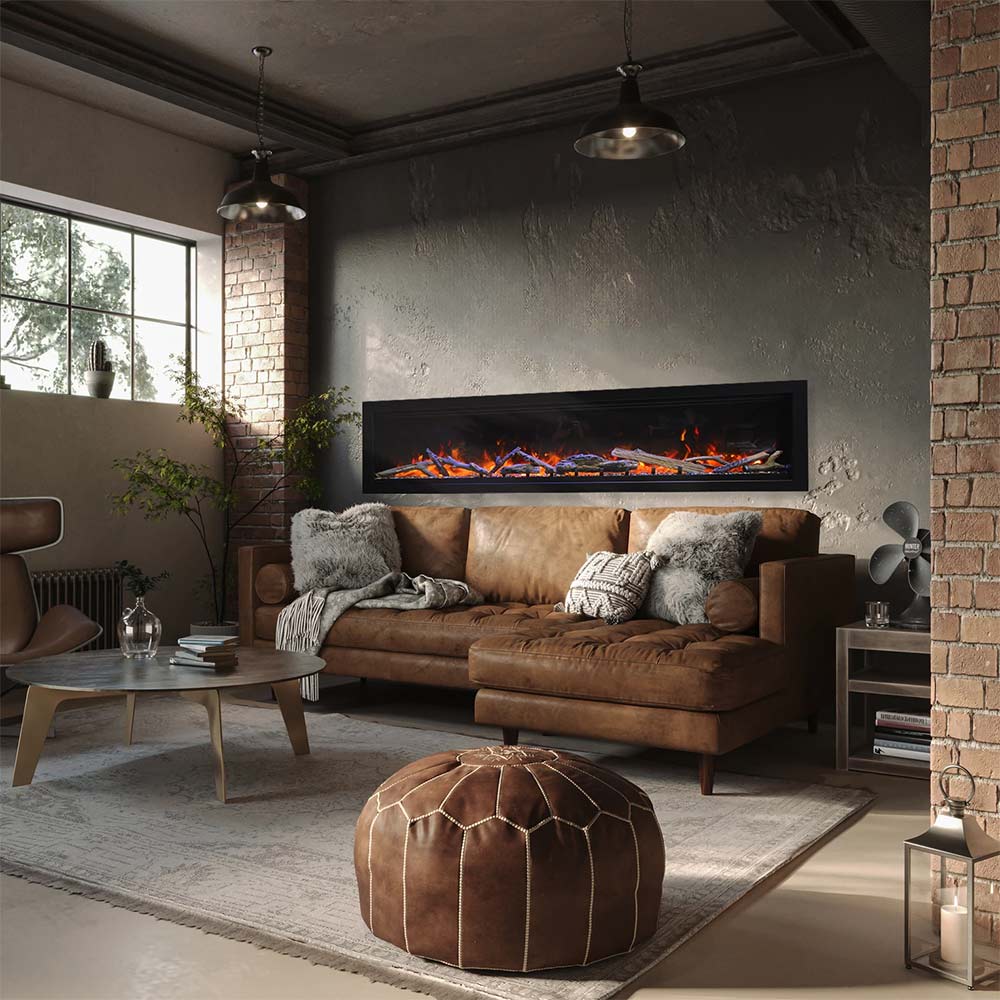 Built-in electric fireplace insert with glowing flames in a black mantel frame