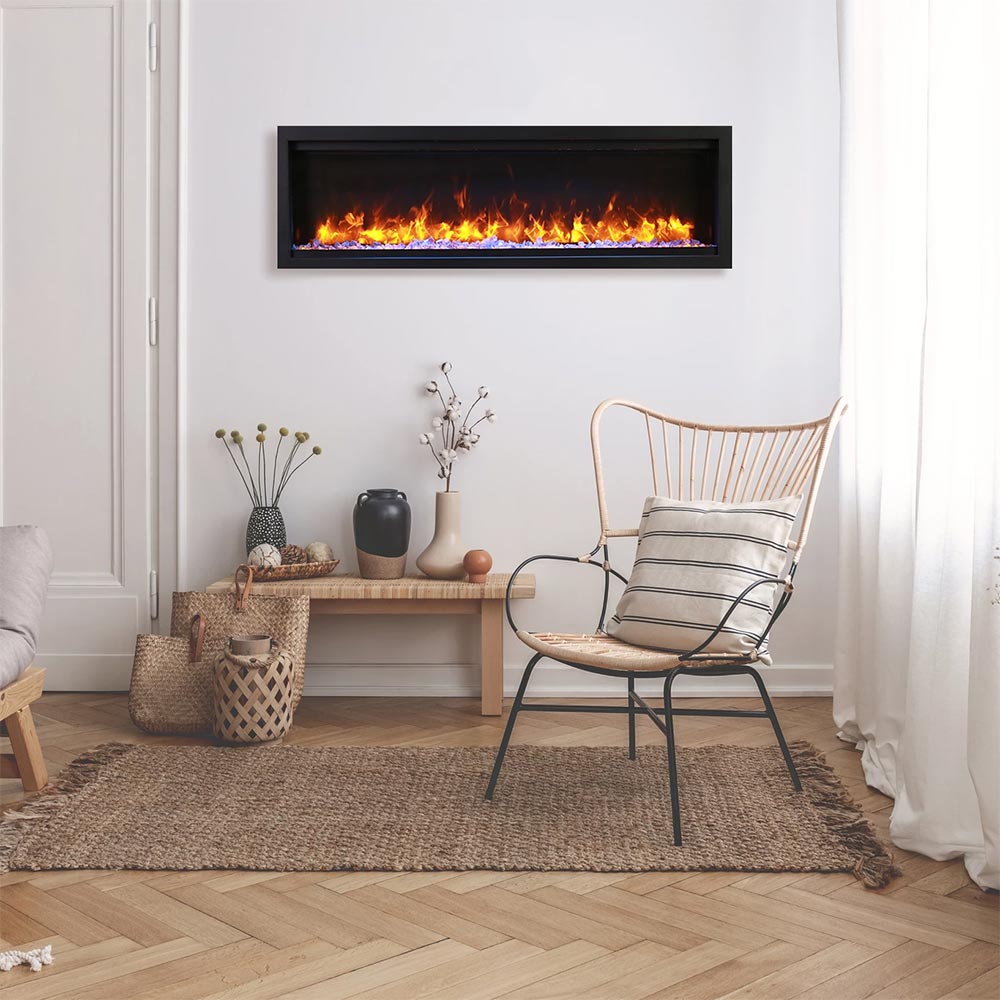Wall-mounted electric fireplace with black frame and orange flame glow