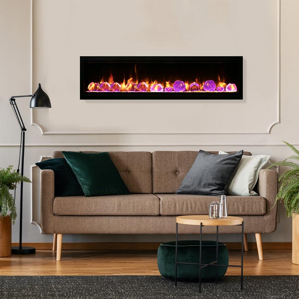 Wall-mounted electric fireplace with black frame and multicolor flame effect