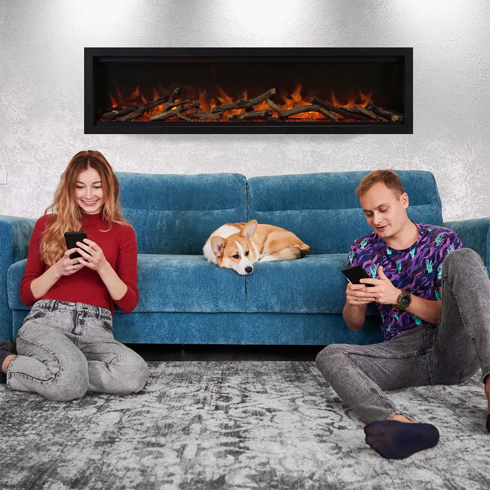 Wall-mounted electric fireplace with black frame and orange flame display