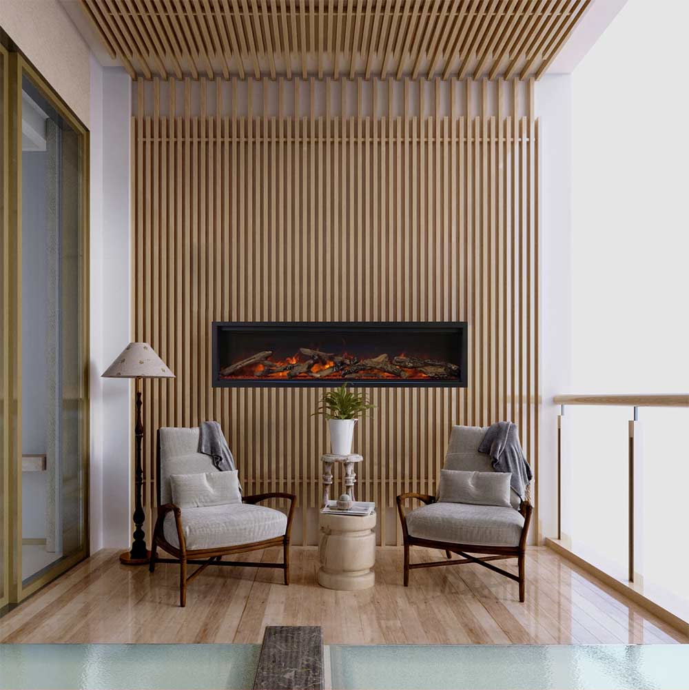 Built-in electric fireplace set into a slatted wood wall with orange flame glow