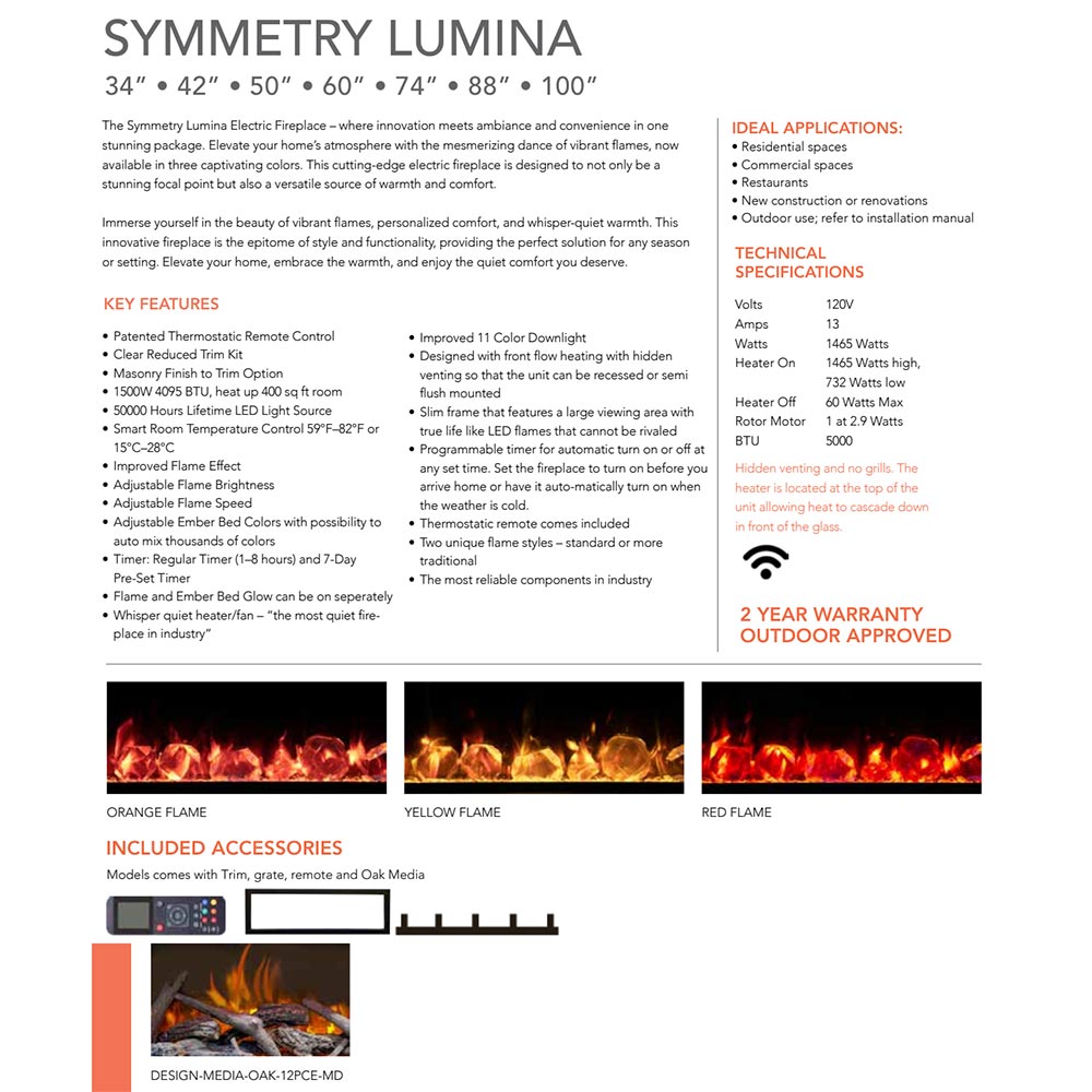 Electric fireplace brochure page showing flame color options and included accessories