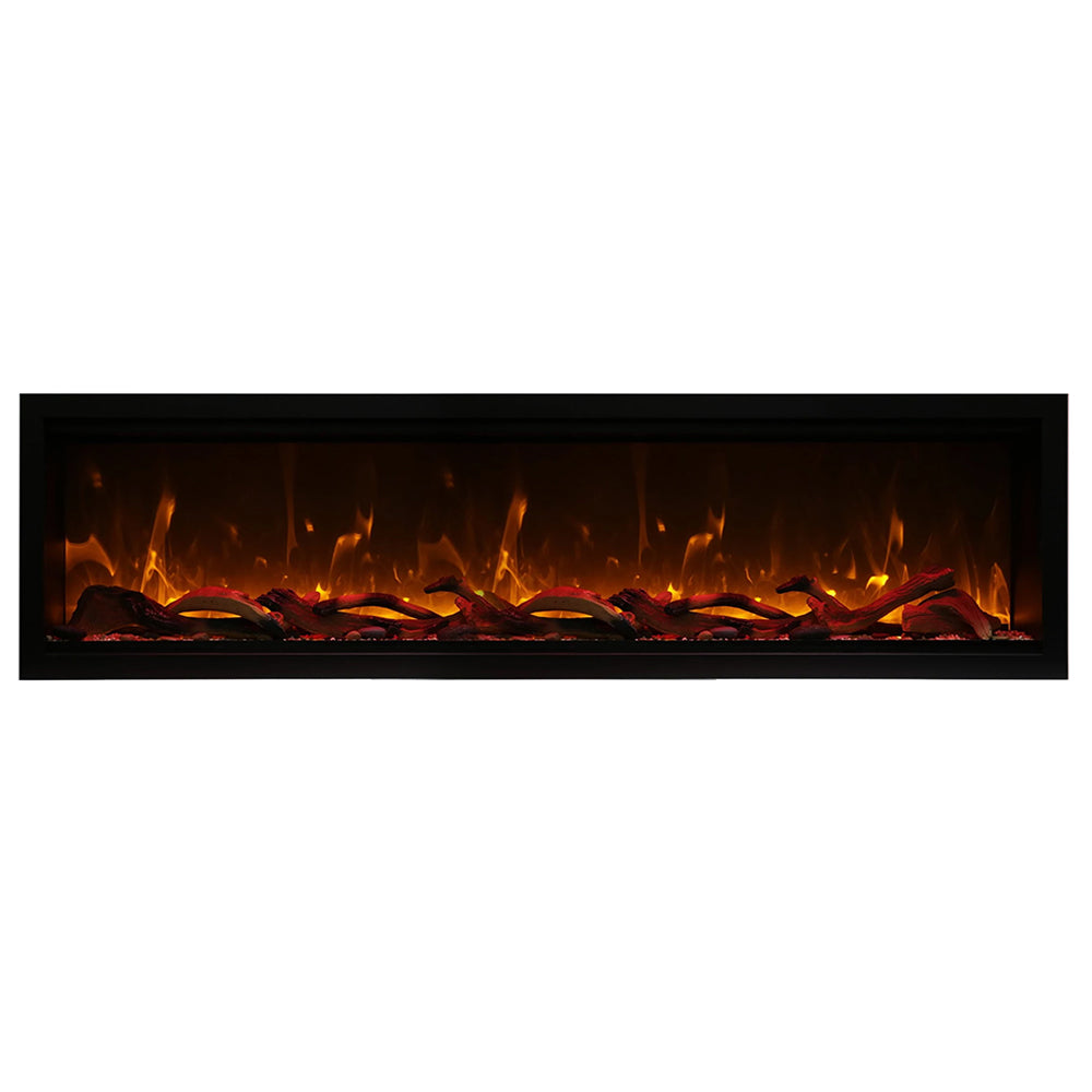 Electric fireplace insert with burning logs and dark frame