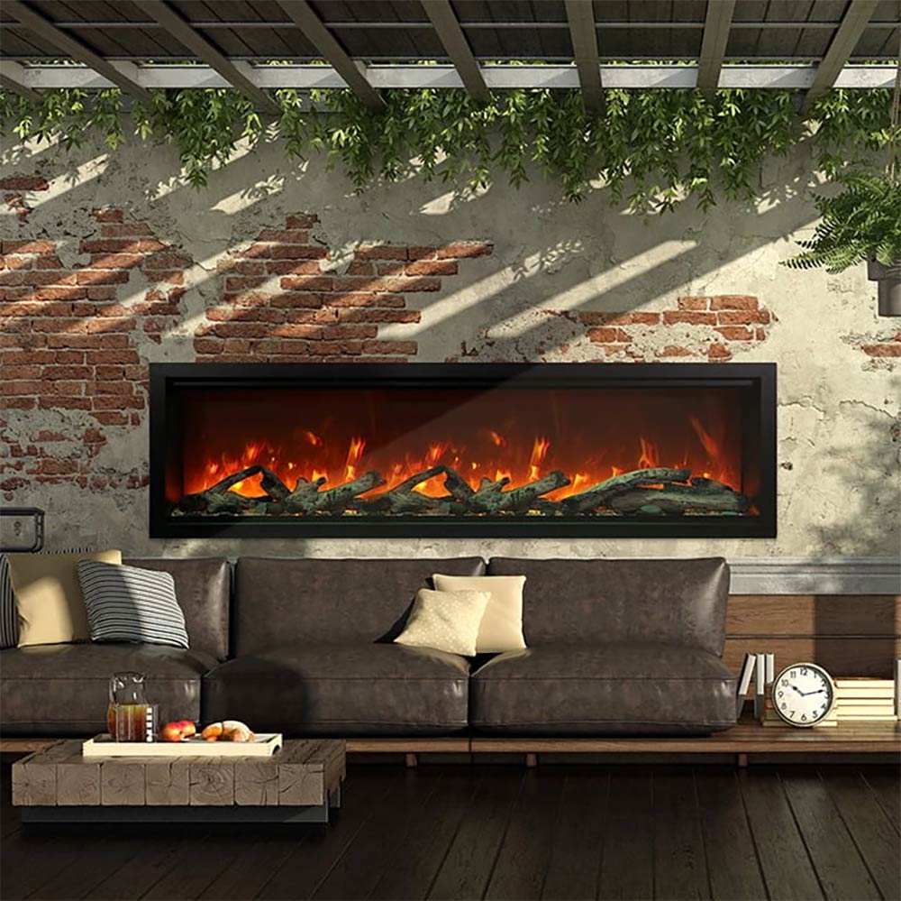 Outdoor built-in electric fireplace with flame display in a brick surround