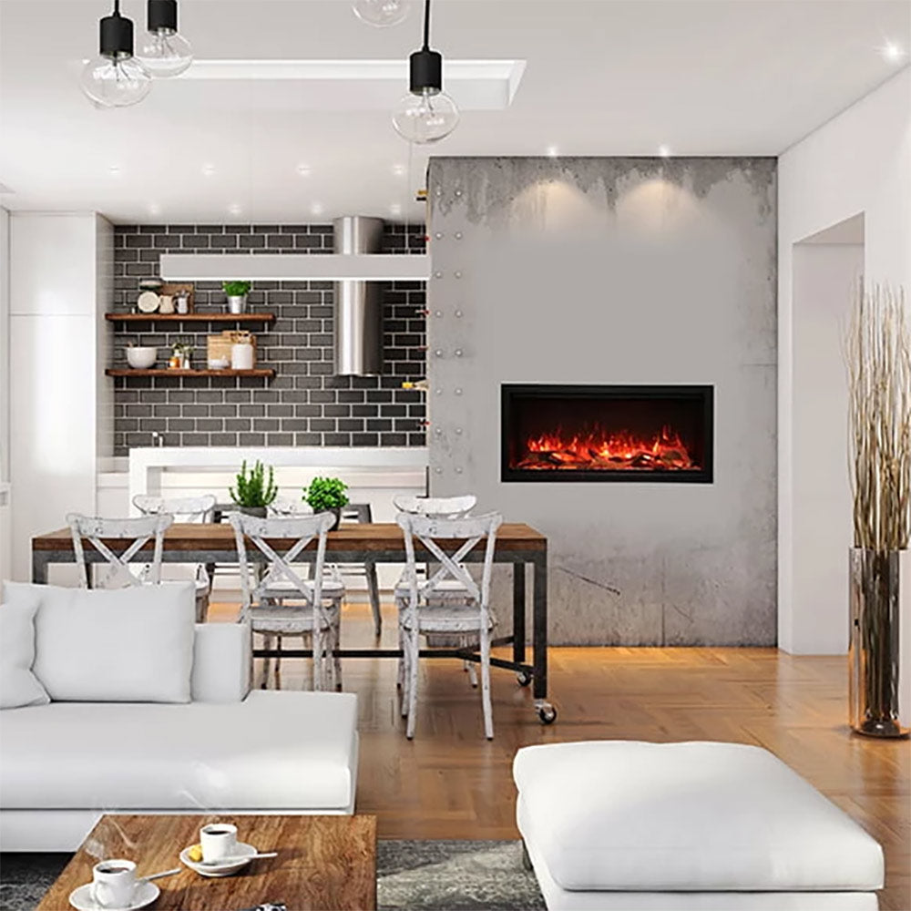 Wall-mounted electric fireplace with red ember flame bed