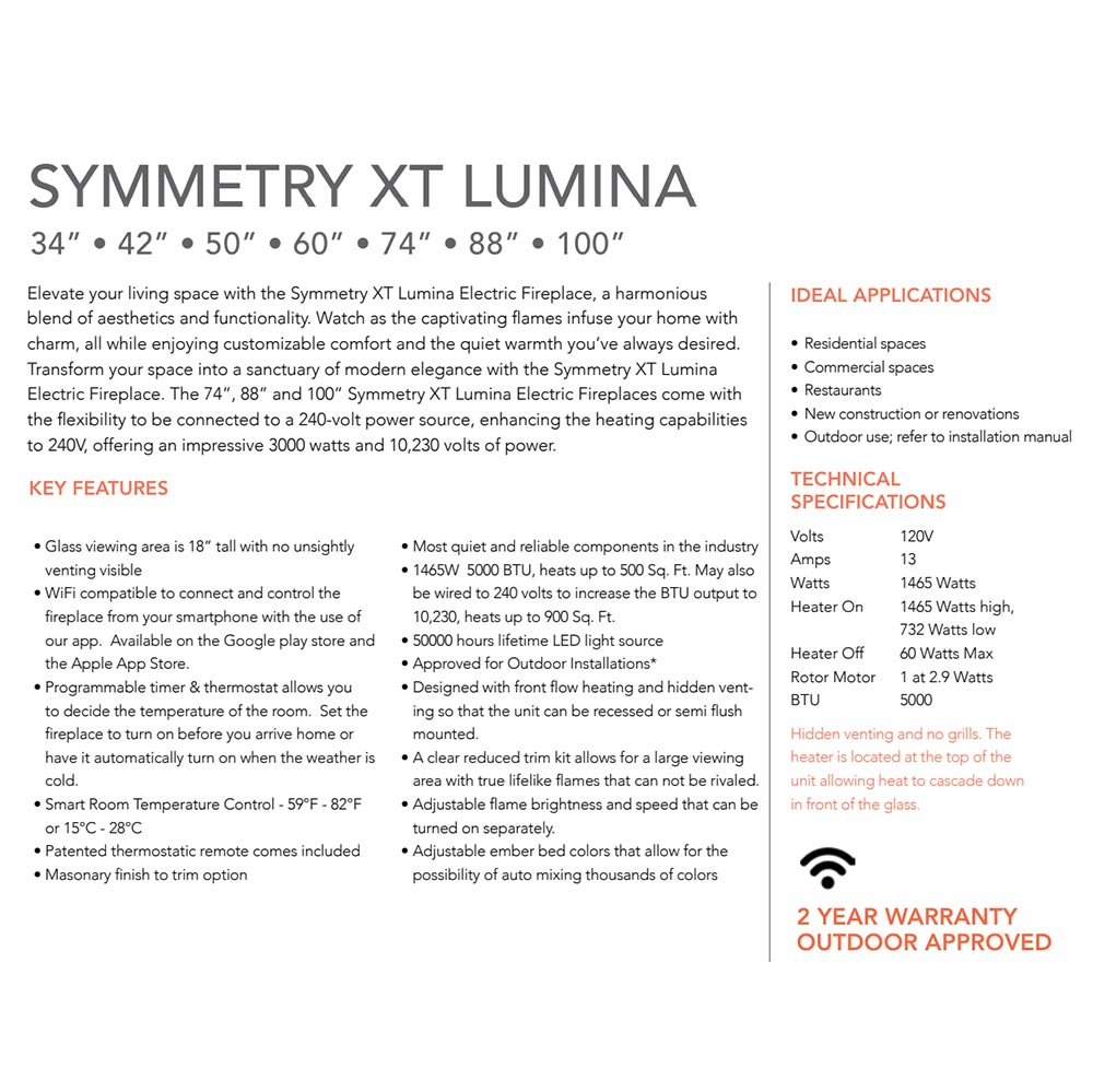 Product information brochure for Symmetry XT Lumina electric fireplace, specs and warranty