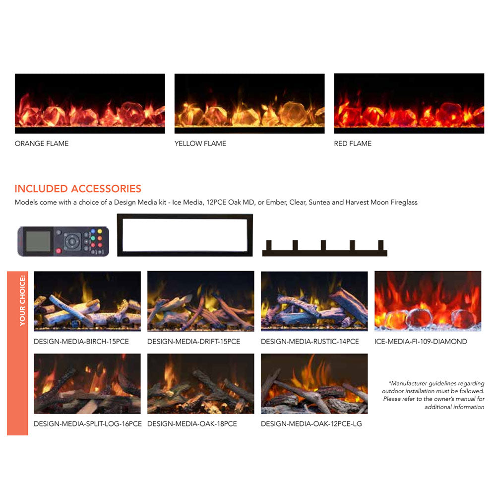 Electric fireplace flame color options and included accessories layout